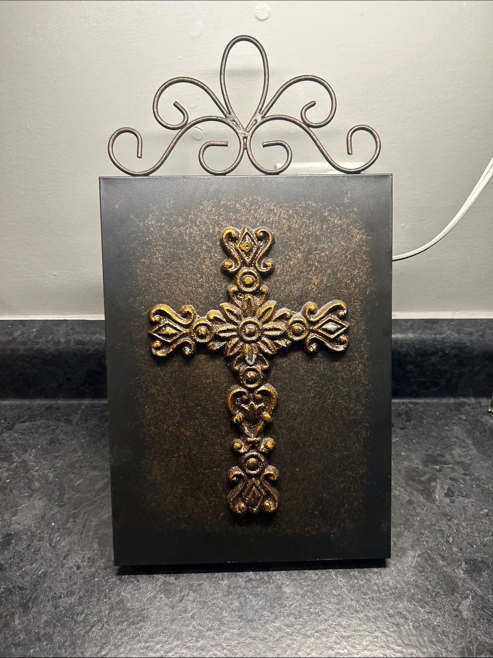 Decorative Wall Cross Plaque in Black and Gold